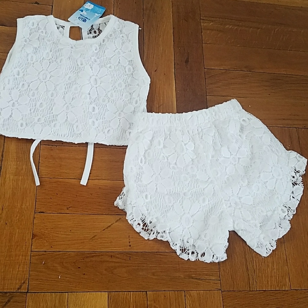 White Girls Two Piece Lace Short and Shirt Set
